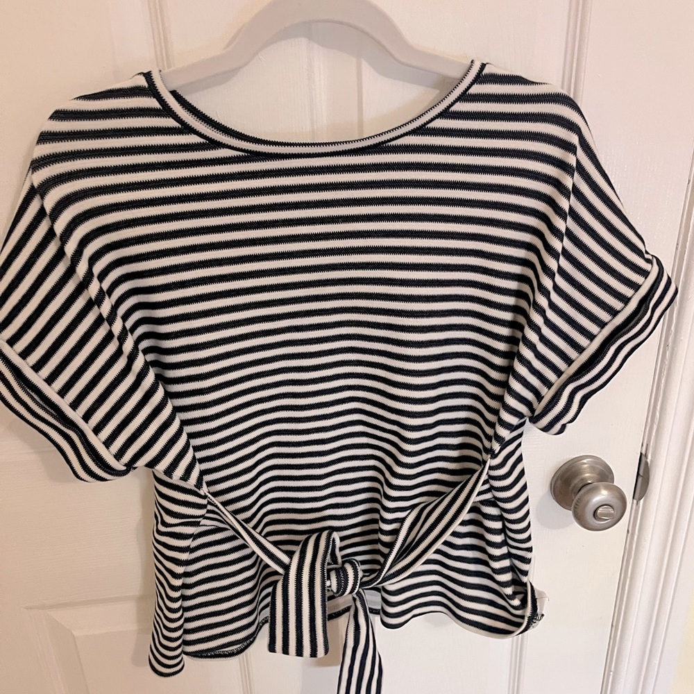 Navy blue and white express striped blouse